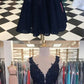 Dark Navy Lace Beading Sleeveless Illusion Homecoming Dresses cg749