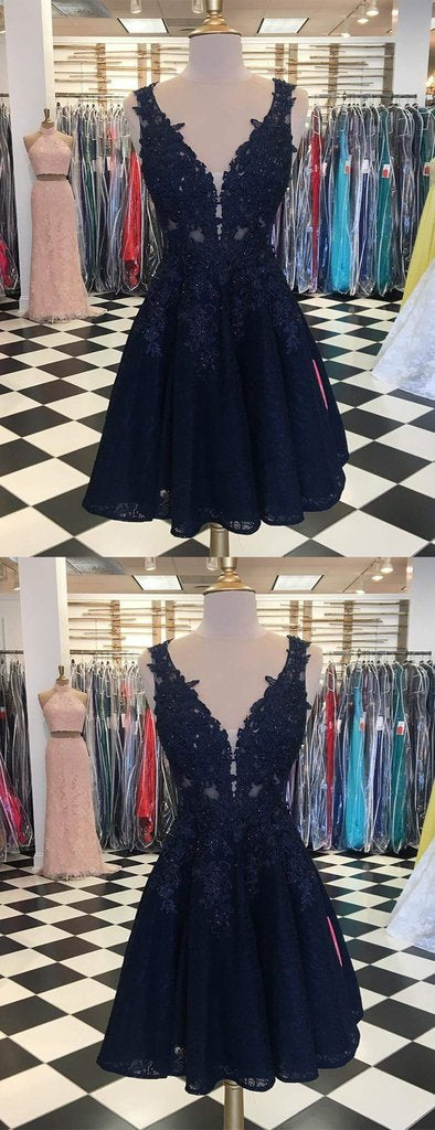 Dark Navy Lace Beading Sleeveless Illusion Homecoming Dresses cg749