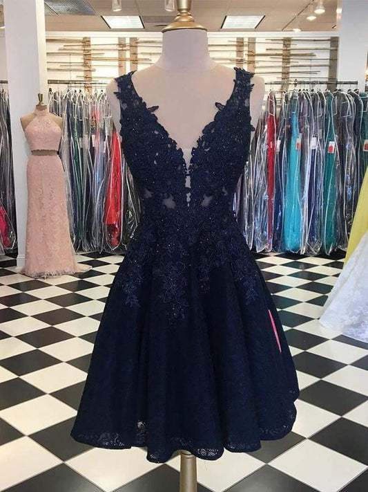 Dark Navy Lace Beading Sleeveless Illusion Homecoming Dresses cg749