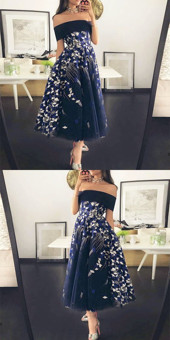 Off the Shoulder Dark Blue Tea-Length Prom Dress with Appliques  cg7499
