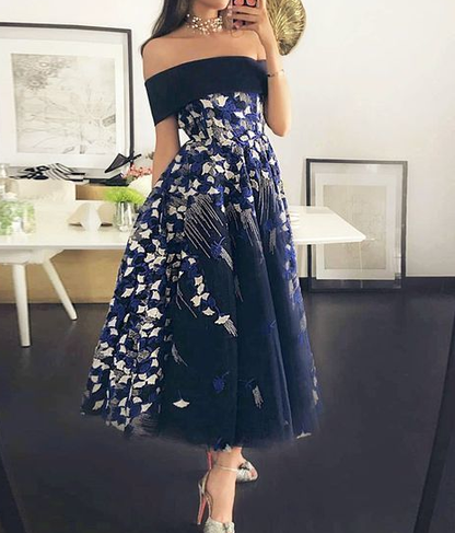 Off the Shoulder Dark Blue Tea-Length Prom Dress with Appliques  cg7499