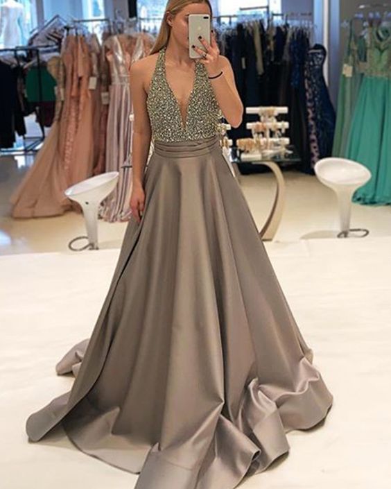 Halter Beading Bodice Satin Brown Prom Dress  cg7610