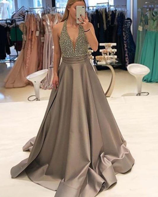 Halter Beading Bodice Satin Brown Prom Dress  cg7610