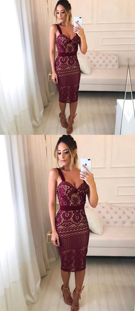 Burgundy Lace Sheath Tight Knee Length Homecoming Dresses cg763