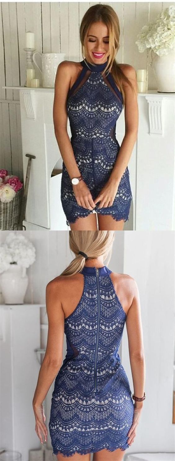 Sheath High Neck Sleeveless Navy Blue Mini Homecoming Dress with Lace cg765