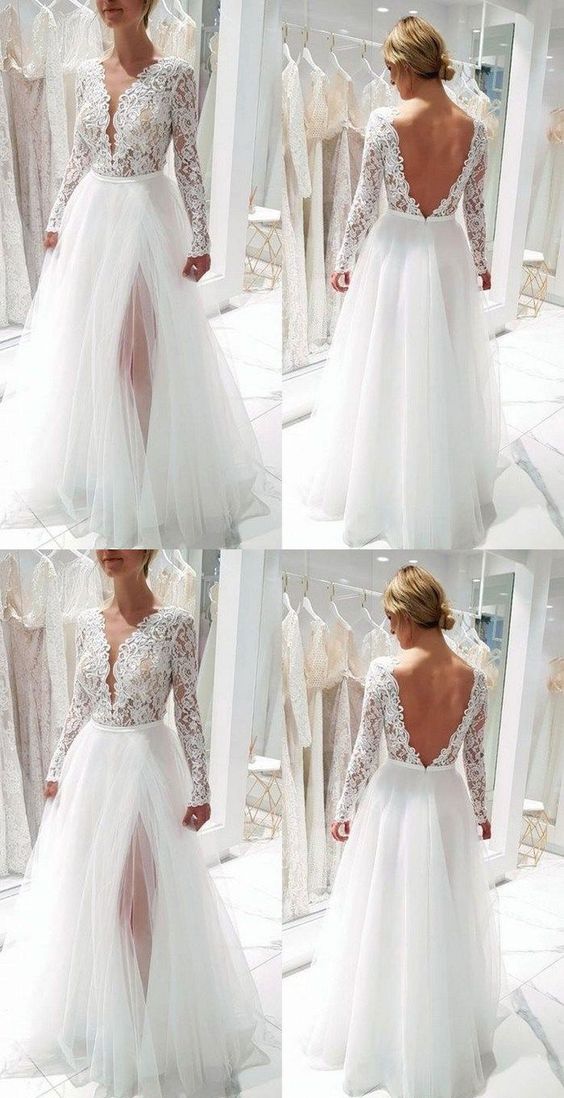 Deep V Neck V Back Wedding prom Dresses with Appliques  cg7655