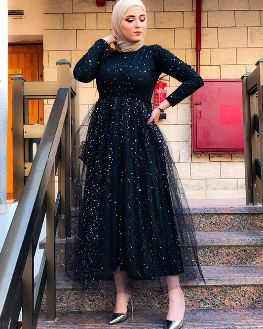 Long Sleeves Black Bling Bling Prom Dress   cg7687