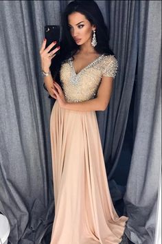 A-Line V-Neck Short Sleeves Floor-Length Beige Prom Dress with Beading  cg7700