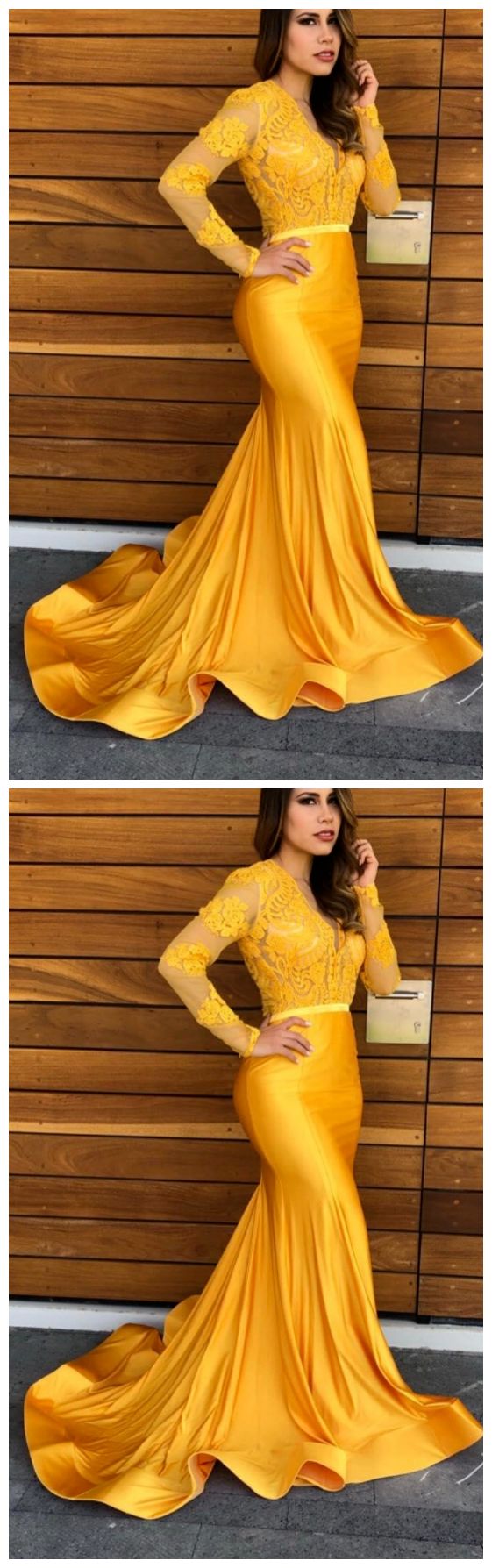 Yellow Lace Mermaid Prom Party Dresses Vintage Sheer Lace V-neck Evening Gowns  cg7740
