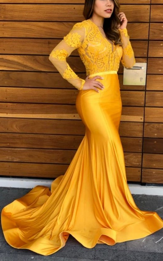 Yellow Lace Mermaid Prom Party Dresses Vintage Sheer Lace V-neck Evening Gowns  cg7740