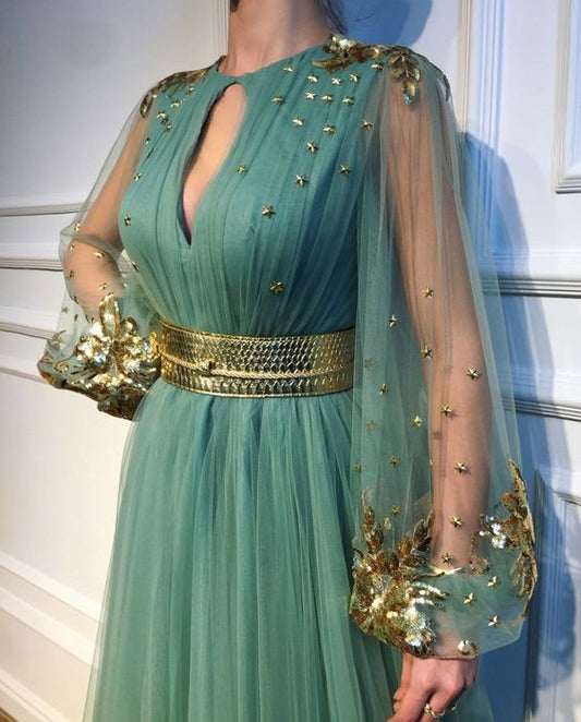 Stars and Gold-shiny Flowers Green Tulle Prom Dress  cg7793