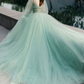 GREEN V NECK TULLE LONG PROM DRESS GREEN EVENING DRESS  cg7827