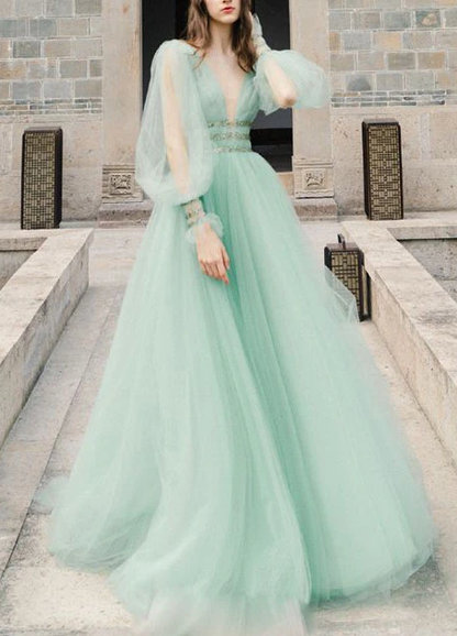 GREEN V NECK TULLE LONG PROM DRESS GREEN EVENING DRESS  cg7827