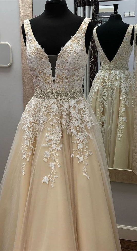 Champagne Gold Lace V Neck Tulle Long Girls Senior Graduate Prom Dress 2020  cg7934