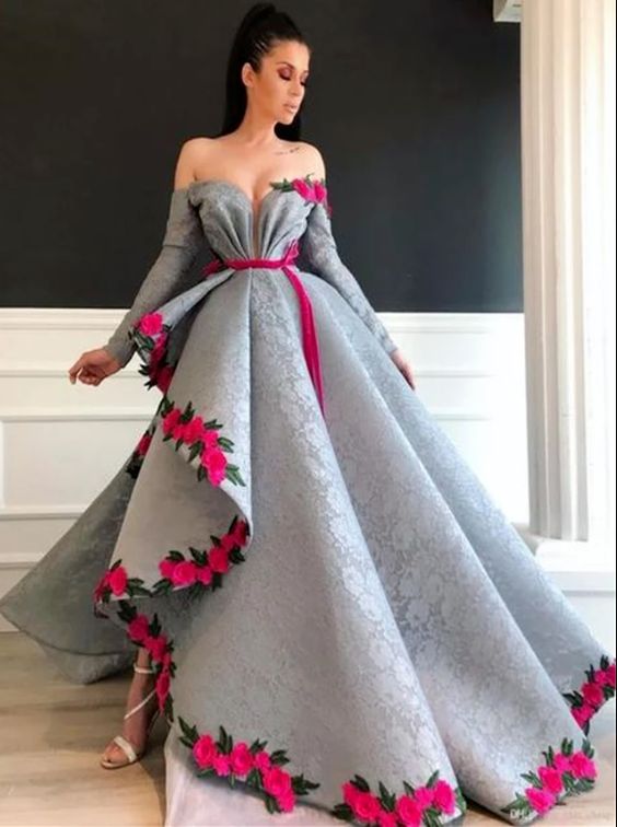 Silver Lace Long Sleeves High Split Prom Dresses  cg7954