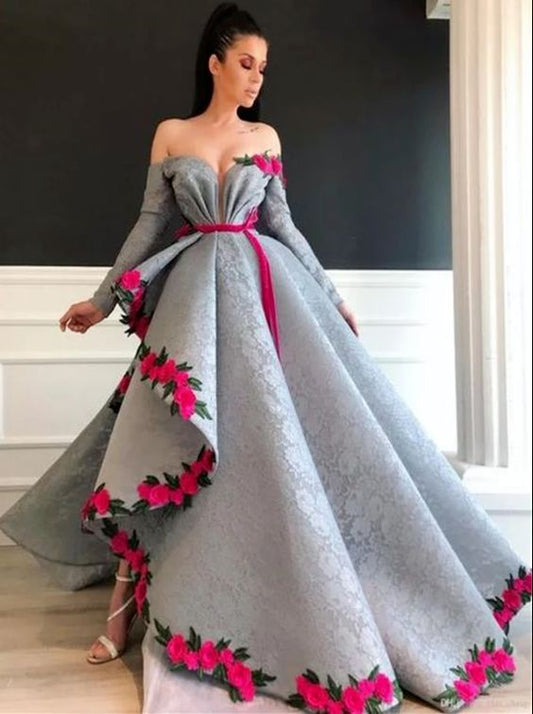 Silver Lace Long Sleeves High Split Prom Dresses  cg7954