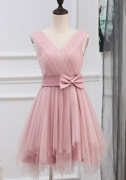New Women Pink Patchwork Grenadine Irregular Bow V-neck Sleeveless Mini homecoming Dress  cg7985