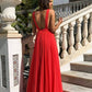 Red A Line V Neck Floor Length Pleated Chiffon Long Prom Dresses  cg7992