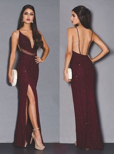 2019 Popular Burgundy Beaded Long Prom Dress,V-Neck Open Back Sexy Evening Party Dress cg800