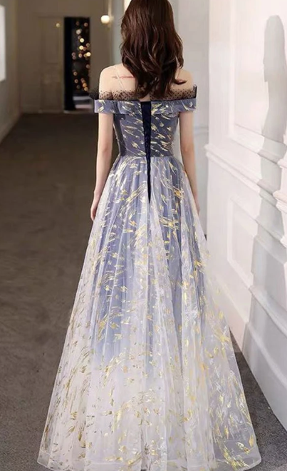 BLUE TULLE OFF SHOULDER LONG PROM DRESS TULLE FORMAL DRESS  cg8018