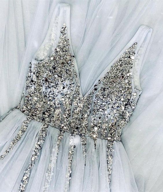 Deep V Neck Long Tulle Backless Evening Gowns Silver Sequin Beaded Prom Gowns  cg8045