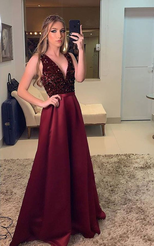 CLASSY burgundy  V-NECK EVENING PROM DRESSES  cg8069