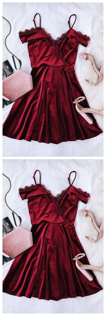 Burgundy Spaghetti Short Dress,Chic Evening Dress,Fashion Homecoming Dress,Party Dress cg815