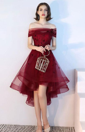 Burgundy tulle lace short dress, burgundy tulle evening homecoming dress cg826