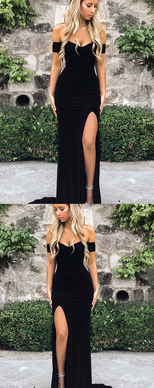 Mermaid Off-the-Shoulder Front Split Black Stretch Satin Prom Dress cg833