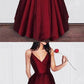 Red Long V-neck A-line Simple Princess Cheap Satin Prom Dresses cg834