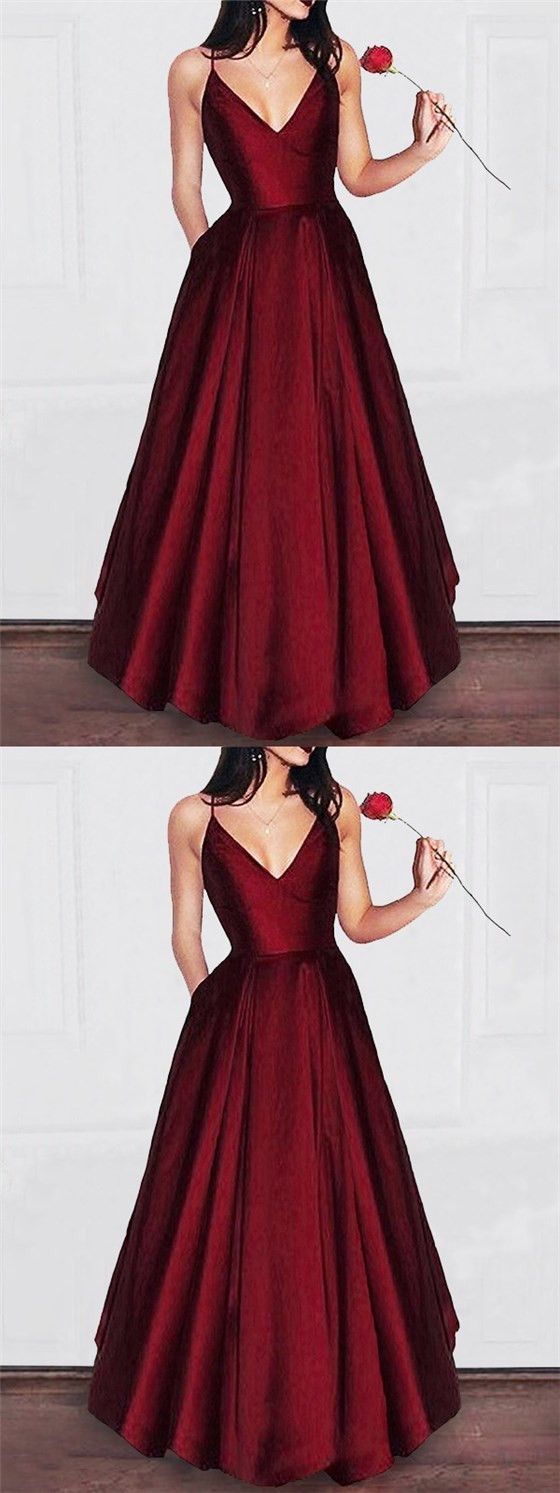 Red Long V-neck A-line Simple Princess Cheap Satin Prom Dresses cg834