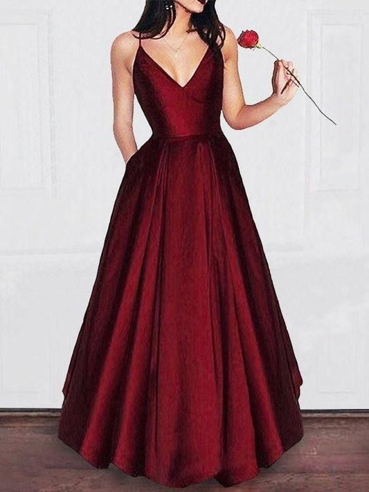 Red Long V-neck A-line Simple Princess Cheap Satin Prom Dresses cg834