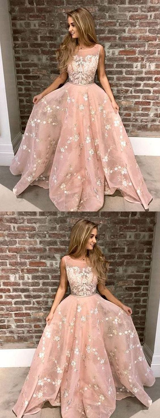 Blush Pink Lace A-line Prom Dresses, long Prom dress cg836