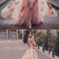 A-Line Round Neck Sweep Train Pink Tulle Prom Dress with Lace Appliques cg837