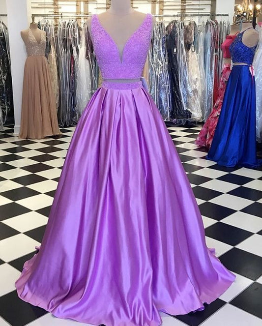 Lilac Two Piece V Neck Sleeveless Beaded A Line Satin Prom Dresses  cg8411