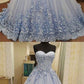 Gorgeous Ball Gown Sweetheart Light Blue Lace Long Prom Dresses with Appliques, Luxurious Quinceanera Dresses cg848