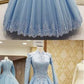 Blue tulle high neck customize formal evening dress with long sleeves cg849