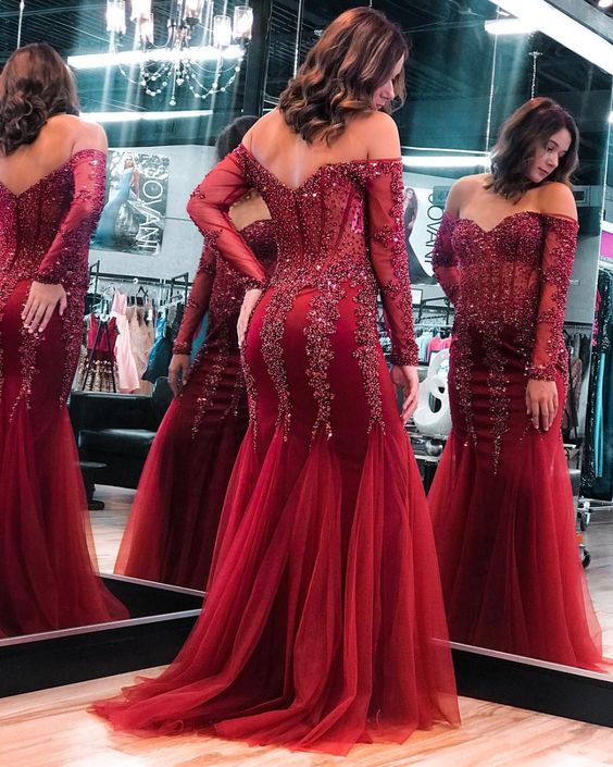 Off The Shoulder Long Red Prom Dress With Beading  cg8502