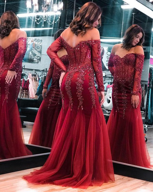 Off The Shoulder Long Red Prom Dress With Beading  cg8502