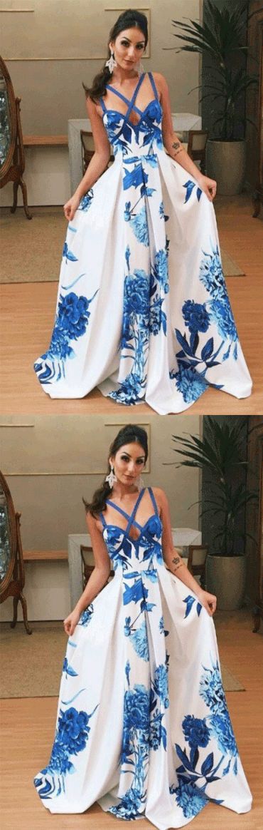 Square Sweep Train Blue Printed Satin Criss-Cross Straps Prom Dress  cg8506