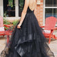 2020 black long prom dress with open back and cascade   cg8576