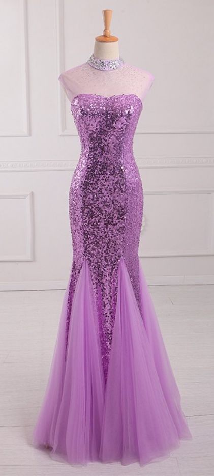 Mermaid Purple Tulle Prom Dress Sequin Lace Women Evening prom Dress  cg8618