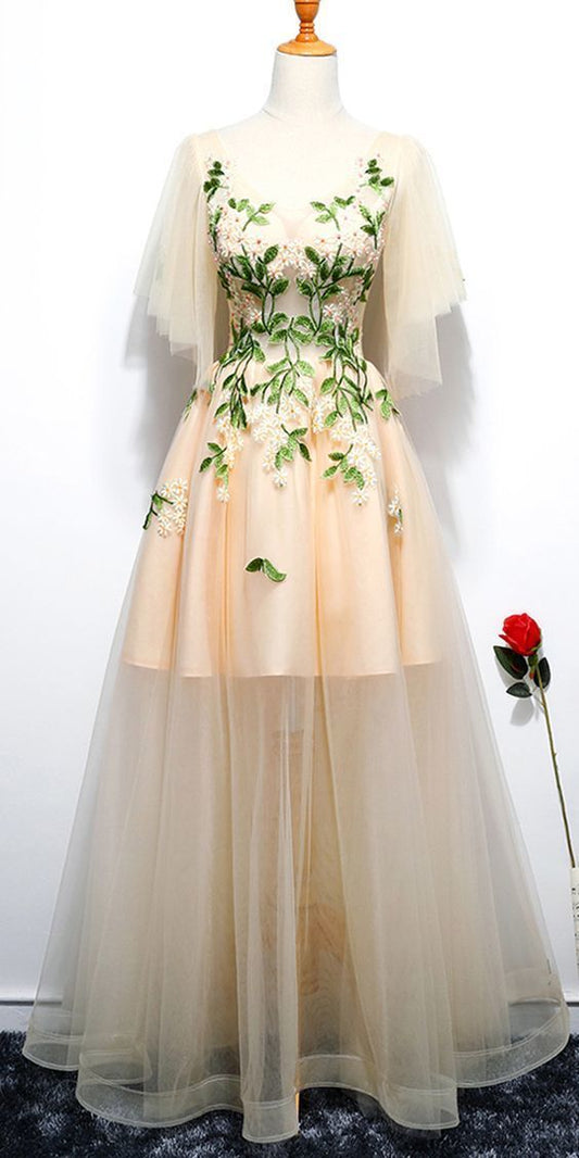 Champagne A Line Tulle V Neck Long Embroidery Lace Short Sleeves Evening prom Dress   cg8709