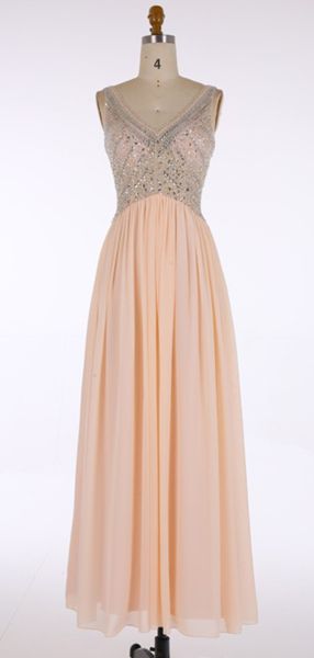 A-Line Deep V-Neck Sleeveless Chiffon Long Prom Dresses With Beading  cg8716