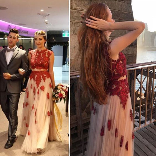Two pieces prom dress,Red lace applique prom dress,Junior prom dress,Elegant prom dress  cg8739