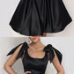 Elegant Black Bow Shoulders Ruffles Satin Homecoming Dresses cg874