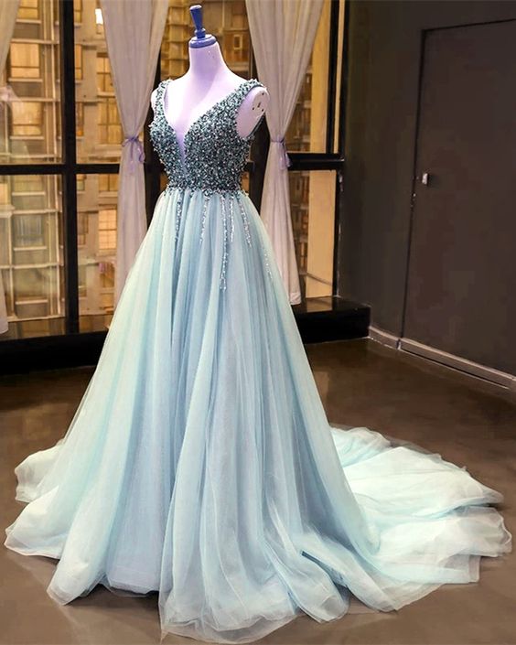 light blue tulle prom dress v neck pearl beaded  cg8752