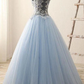 Light Blue Tulle With Lace Floor Length Party Dress, Blue Prom Dress  cg8767