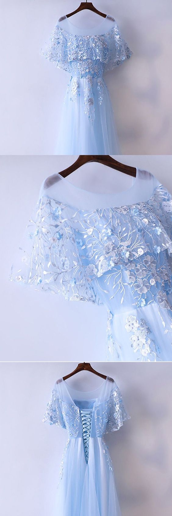 Prom Dresses Beautiful Cap Sleeve Blue Prom Dress Long With Tulle   cg8855