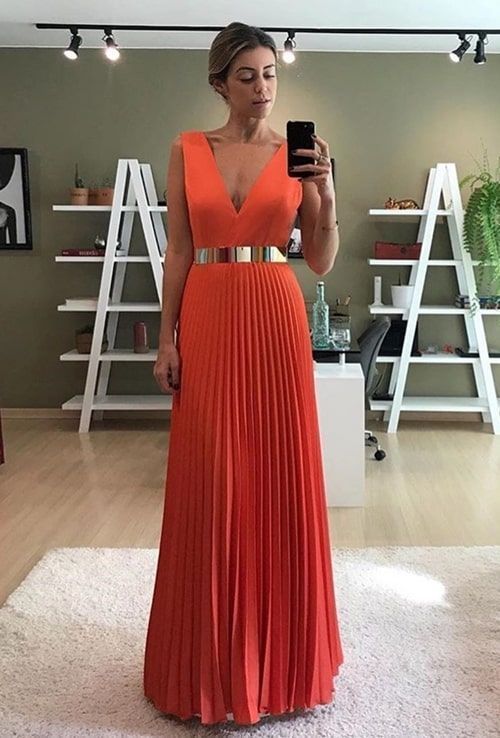 Organge V Neck Long Prom Dresses   cg8909